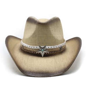 Retro Western straw cowboy hat with gradient brim, star studs and turquoise bead detail