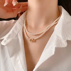 Layered Faux Artificial Pearl Necklace With Gold Interlocking Circles Alloy French Minimalist Elegant Jewelry For Women