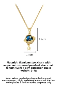 Macro detail of starry sky pendant with crystal orbit on gold titanium steel chain