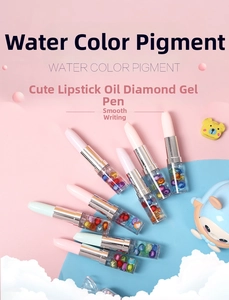 Detail of lipstick-shaped liquid glitter pens with colorful crystals and fluid motion