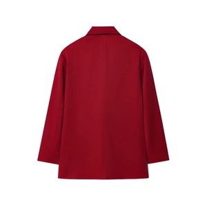 Back view of classic deep red blazer jacket with smooth wrinkle-resistant fabric