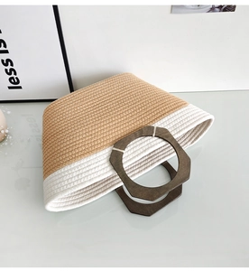 Detail of woven tote bag featuring khaki and beige contrast with octagonal wooden handle