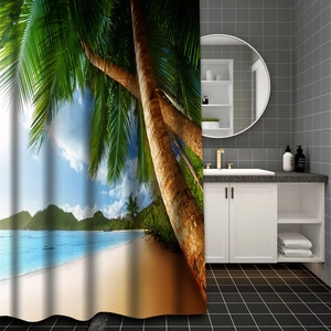 Detailed close-up of tropical palm beach print on waterproof polyester shower curtain