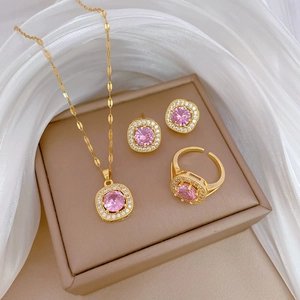 Luxury Stainless Steel Jewelry Set For Women Gold Plated Pink Rhinestone Square Pendant Necklace Stud Earrings And Open Ring Set