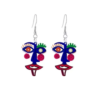 Artistic acrylic abstract face earrings with colorful hand-painted style on white background