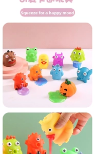 Detail of cartoon slime toys showing squeezing action with liquid flow and TPR texture