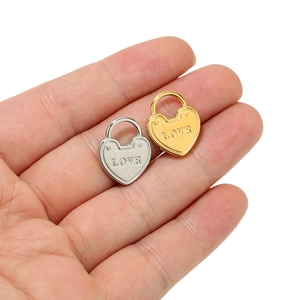 Polished heart-shaped LOVE lock pendant in gold and silver finish for jewelry making