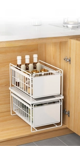 Close-up of white metal double-tier pull-out sliding drawer for kitchen cabinet storage
