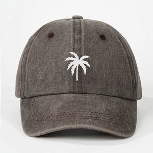 Vintage washed charcoal baseball cap with white embroidered palm tree tree design