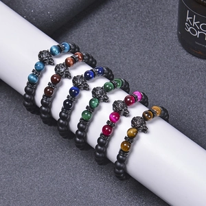 Men's wolf head bracelets set with tiger eye and natural stones in diverse colors