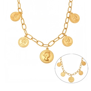 18k gold plated stainless steel necklace with five Elizabeth II coin pendants on oval links