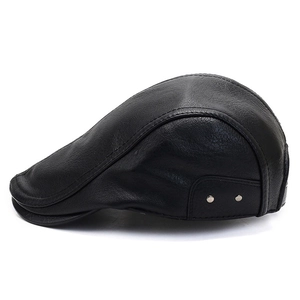 Classic black faux leather newsboy cap with silver rivets and warm winter design