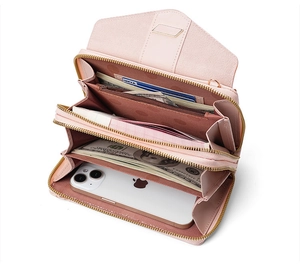 Pink multi-functional phone wallet with double zippers and organized card slots