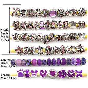Macro view of purple DIY charm set with 80 mixed alloy beads and crystal glass beads