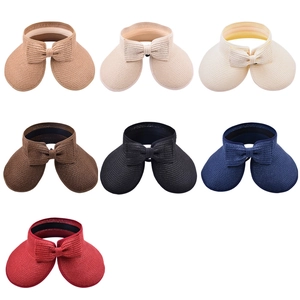 Foldable wide brim sun straw visor hat with bow detail in seven various colors