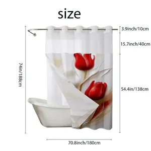Detailed size guide for 180x188cm shower curtain with red tulip print and dimensions