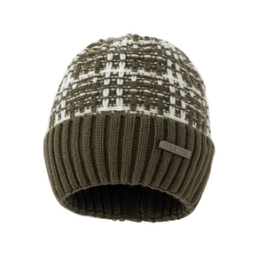 Winter knitted beanie featuring a dark olive green and cream plaid pattern with ribbed cuff