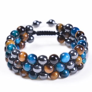 Detailed view of triple-layer braided bracelet with blue and brown tiger eye beads
