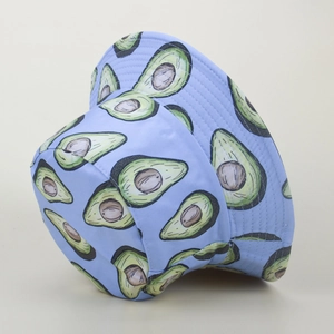 Detail of light blue bucket hat featuring cute avocado prints and premium stitching