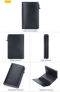 Macro view of RFID vintage black leather card holder with side push mechanical button