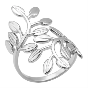 Macro detail of 304 stainless steel adjustable open ring with polished silver leaf design