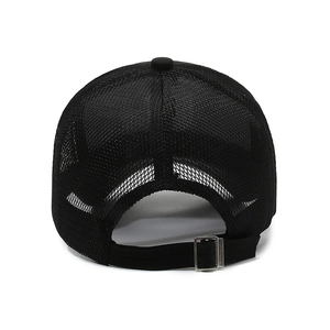 Adjustable back view of black mesh baseball cap with metal buckle and breathable texture
