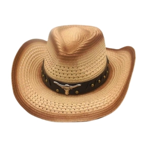 Western cowboy straw hat with bull head ornament and vintage gradient brim for outdoor travel