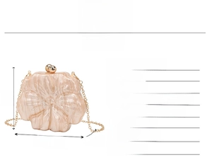 Floral acrylic evening bag dimensions detail with golden chain and ball clasp info