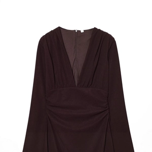 Dark brown long sleeve midi dress featuring deep V-neck and high waist pleated design
