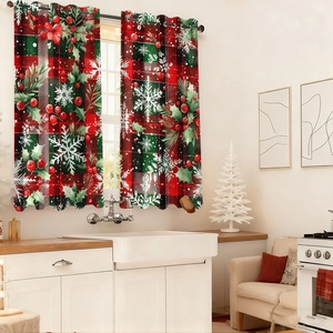 Detailed Christmas kitchen curtain with red plaid pattern and festive snowflake printing