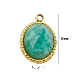 Detail of 14K gold plated oval green gemstone pendant with 15mm x 10.5mm size markings
