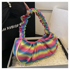 Detailed close-up of rainbow gradient pleated cloud bag with elegant satin texture
