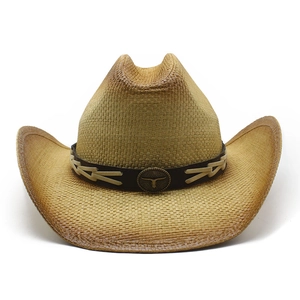 Classic straw western cowboy hat with wide brim and vintage longhorn cattle emblem decoration