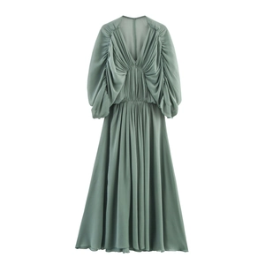 Elegantes Chiffon Maxi Kleid Mit V-Ausschnitt Und Fledermausärmeln Gesmokte Hohe Taille Einfarbig Französischer Stil