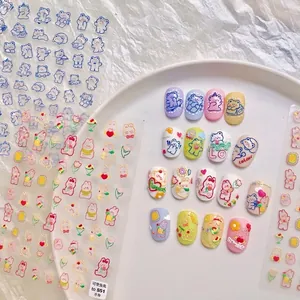 5D Embossed Nail Art Stickers 3D Relief Klein Blue Bear Rabbit Tulip Design Self Adhesive DIY Manicure Decoration