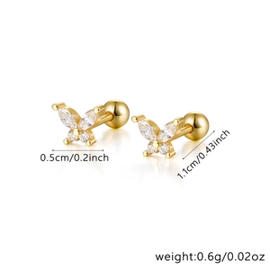 Detailed size view of gold butterfly stud earrings with sparkling cubic zirconia stones