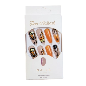 Halloween pumpkin and skull patterned press-on nails in orange and black long oval shape