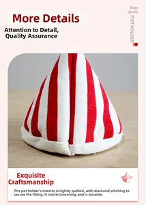 Close-up of heat-resistant triangular pot holder with red stripes and quilted cotton padding