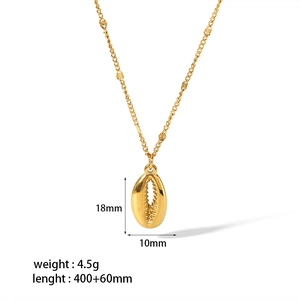 Detailed view of gold stainless steel shell pendant necklace with size annotations