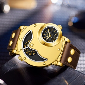 Macro shot of Oulm mens dual time zone watch with gold casing and brown leather strap