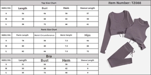 Detailed size chart for women's three-piece yoga set including top, bra, and leggings