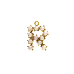 Detail of letter R pendant with white and pink pearls on a gold-plated base