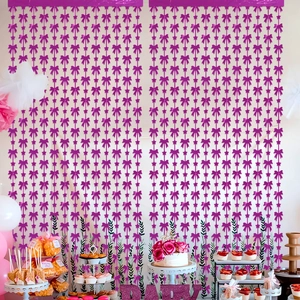 Purple bow tassel curtain backdrop for birthday party wall decoration with hanging ribbons