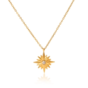 Close-up of 18K gold plated stainless steel starburst pendant with sparkling center stone