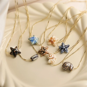 Starfish Shell Pendant Necklace Copper Gold Chain Ceramic Marine Ocean Theme Fashion Jewelry Women Girls Elegant