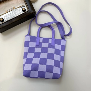 Purple checkerboard knit tote bag with top handles and shoulder strap in retro style