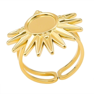 Detailed view of sunburst gold adjustable ring with an oval center and ribbed texture