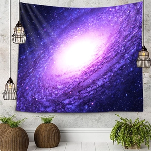 Detail of galaxy tapestry with deep purple nebula pattern on an industrial grey wall