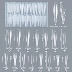 Size chart for 150pcs clear extra long stiletto nail mold tips in 15 different sizes