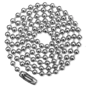 Polished silver stainless steel bead chain necklace with lobster clasp on white background